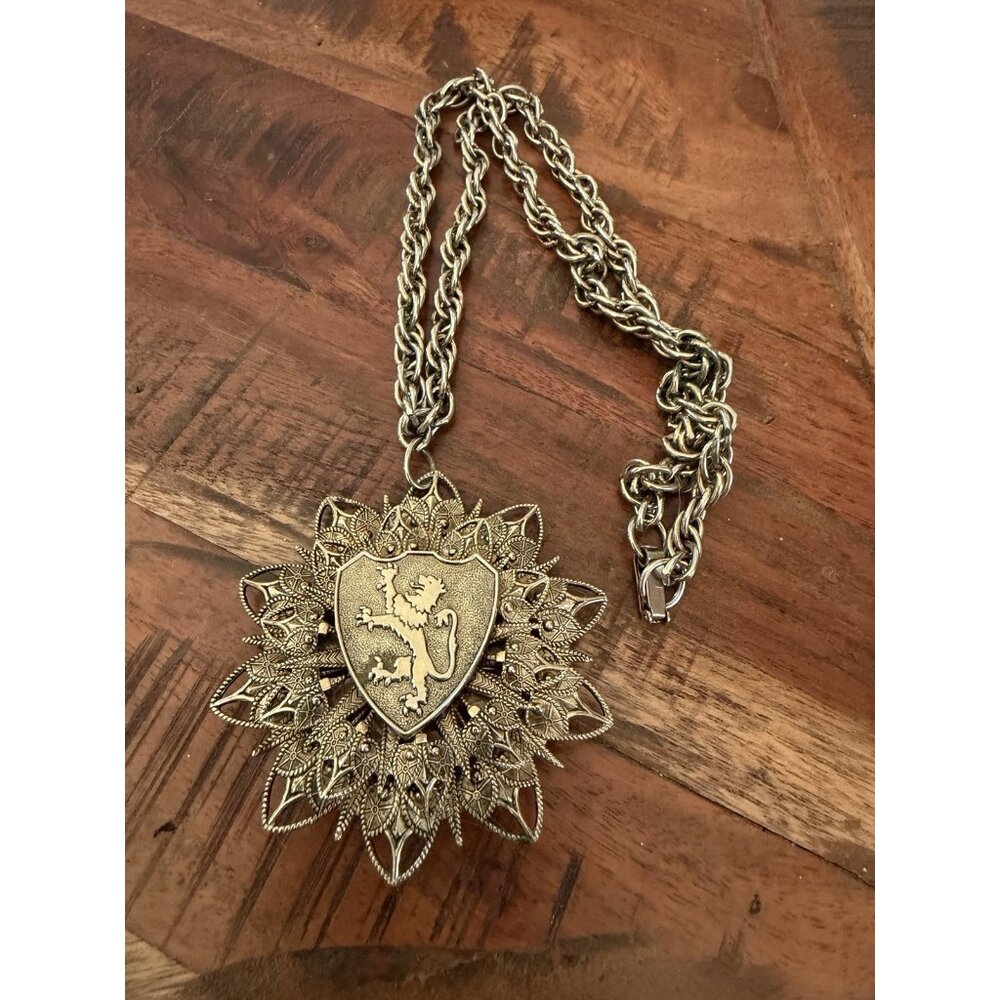 Vintage large lion shield heraldic 1960s goldtone metal pendant necklace